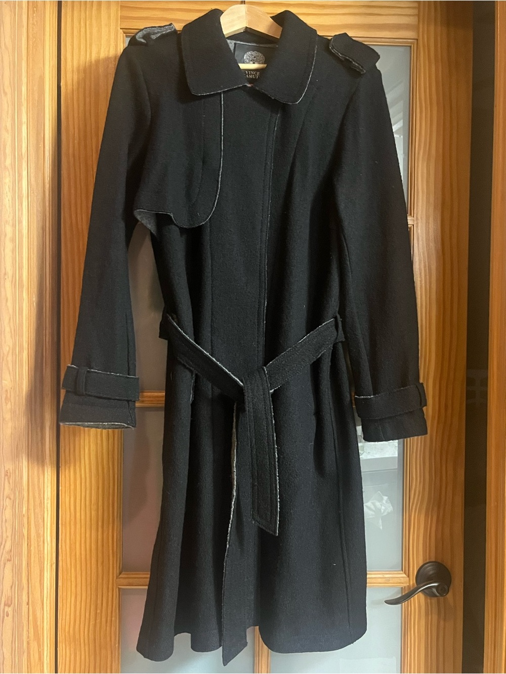 Vince Camuto Black Military-Style Wool-Blend Trench Coat.
